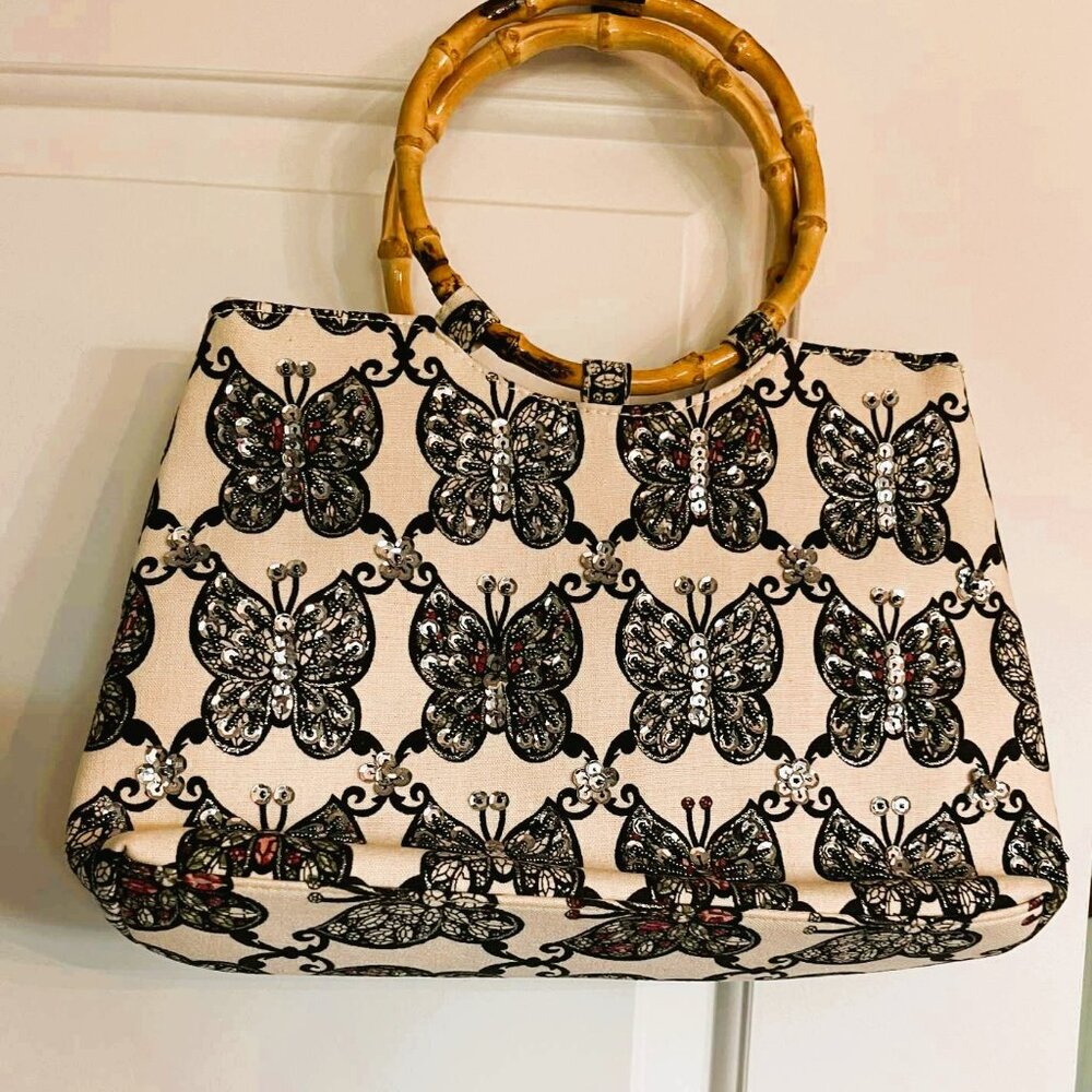 Beaded Butterfly Bamboo Handle Bag Canvas Tote 22×33 Like New Handmade Style